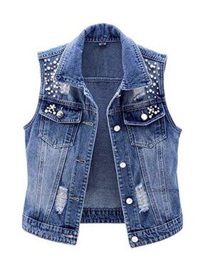Sleeveless Pearls Beading Denim Vest Jean Jacket Button Front